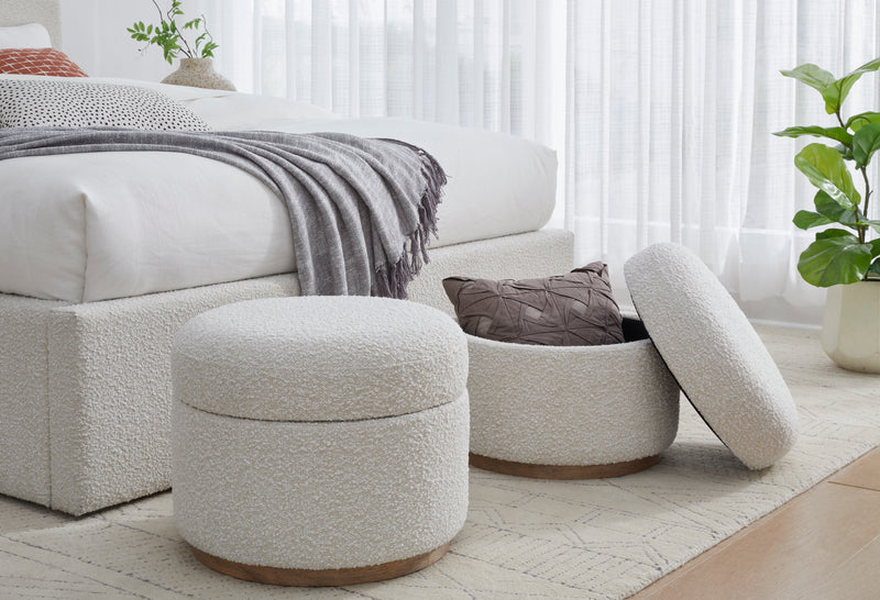Off-White Upholstered Storage Ottoman in Ricotta Boucle (2026)