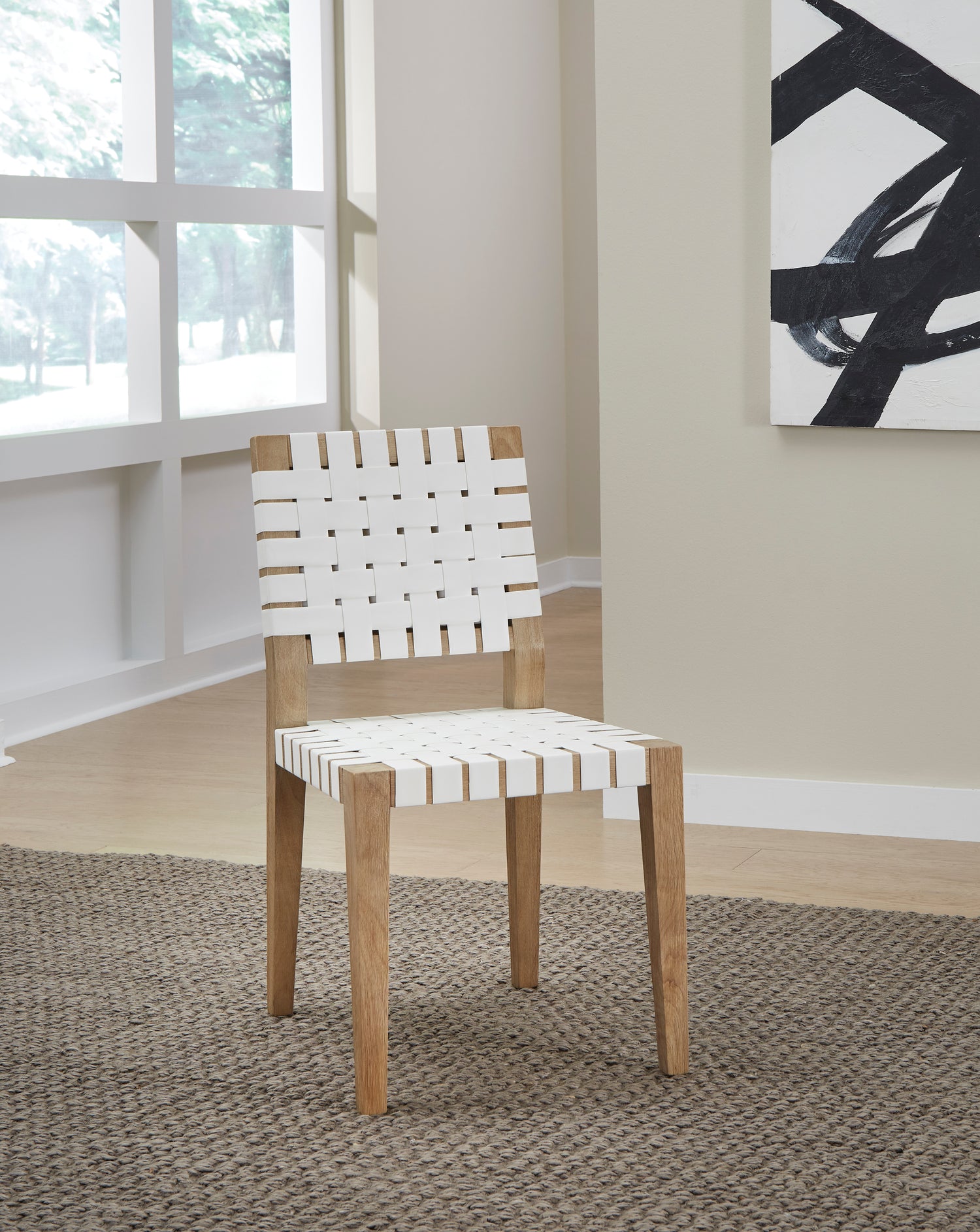One Woven Leather and Solid Wood Dining Side Chair in White and Bisque