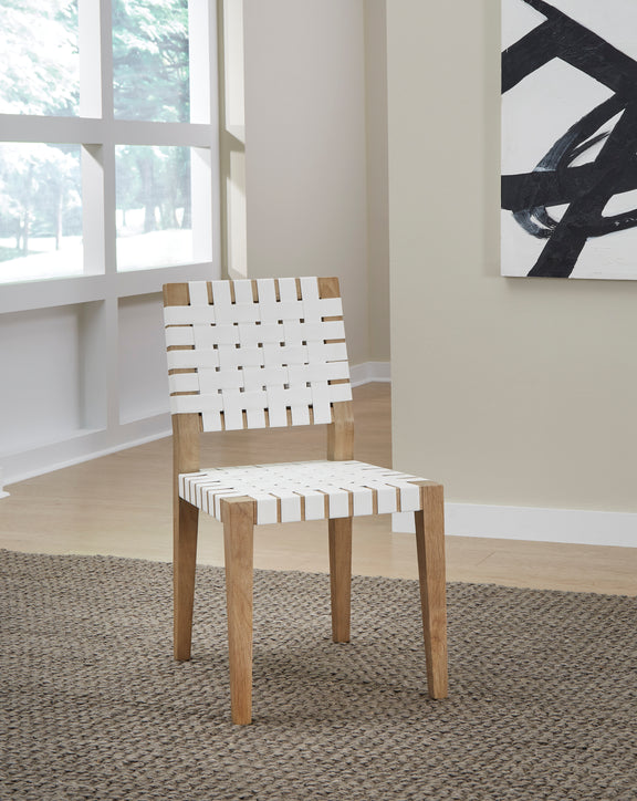 One Woven Leather and Solid Wood Dining Side Chair in White and Bisque