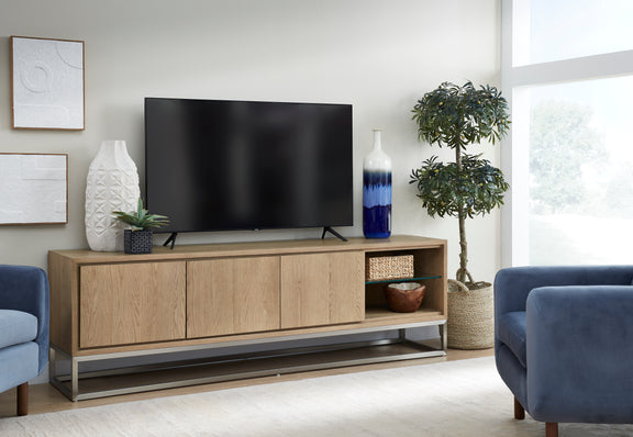 One Coastal Modern 84 inch TV Console in Brushed Stainless Steel and Bisque