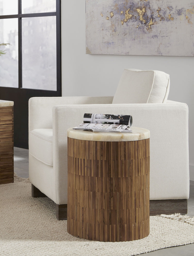 One Stone Wood Tile Round End Table in Onyx and Solid Teak