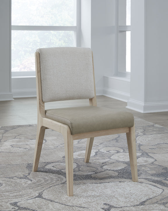 Zinnia Upholstered Dining Chair in White Sand, Buttermilk Leather and Dune Chenille