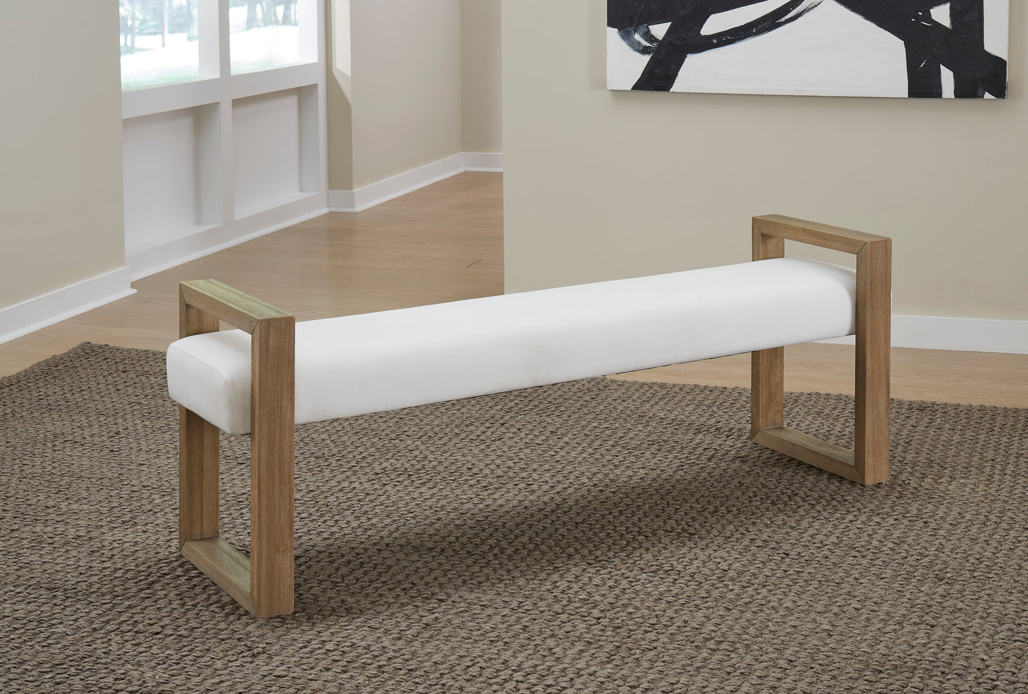 One Modern Coastal Sled Leg Upholstered Dining Bench in White Pearl and Bisque