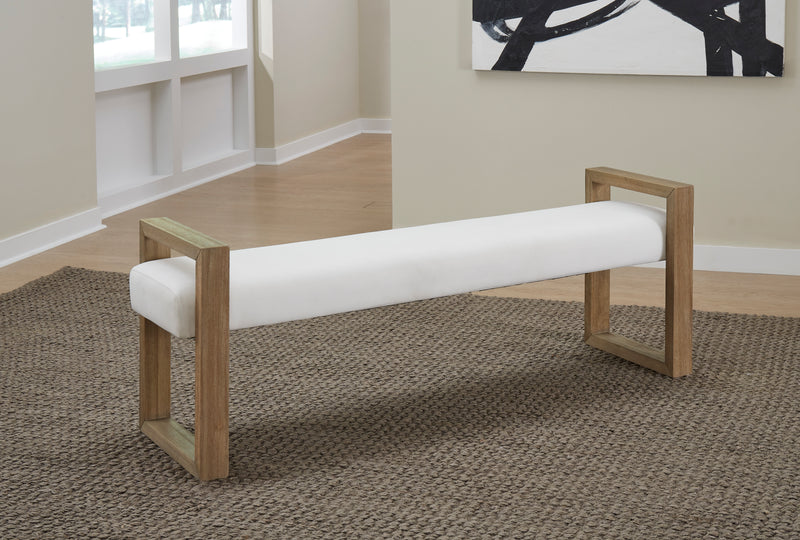 One Modern Coastal Sled Leg Upholstered Dining Bench in White Pearl and Bisque