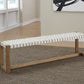 One Woven Leather and Solid Wood Dining Bench in White and Bisque