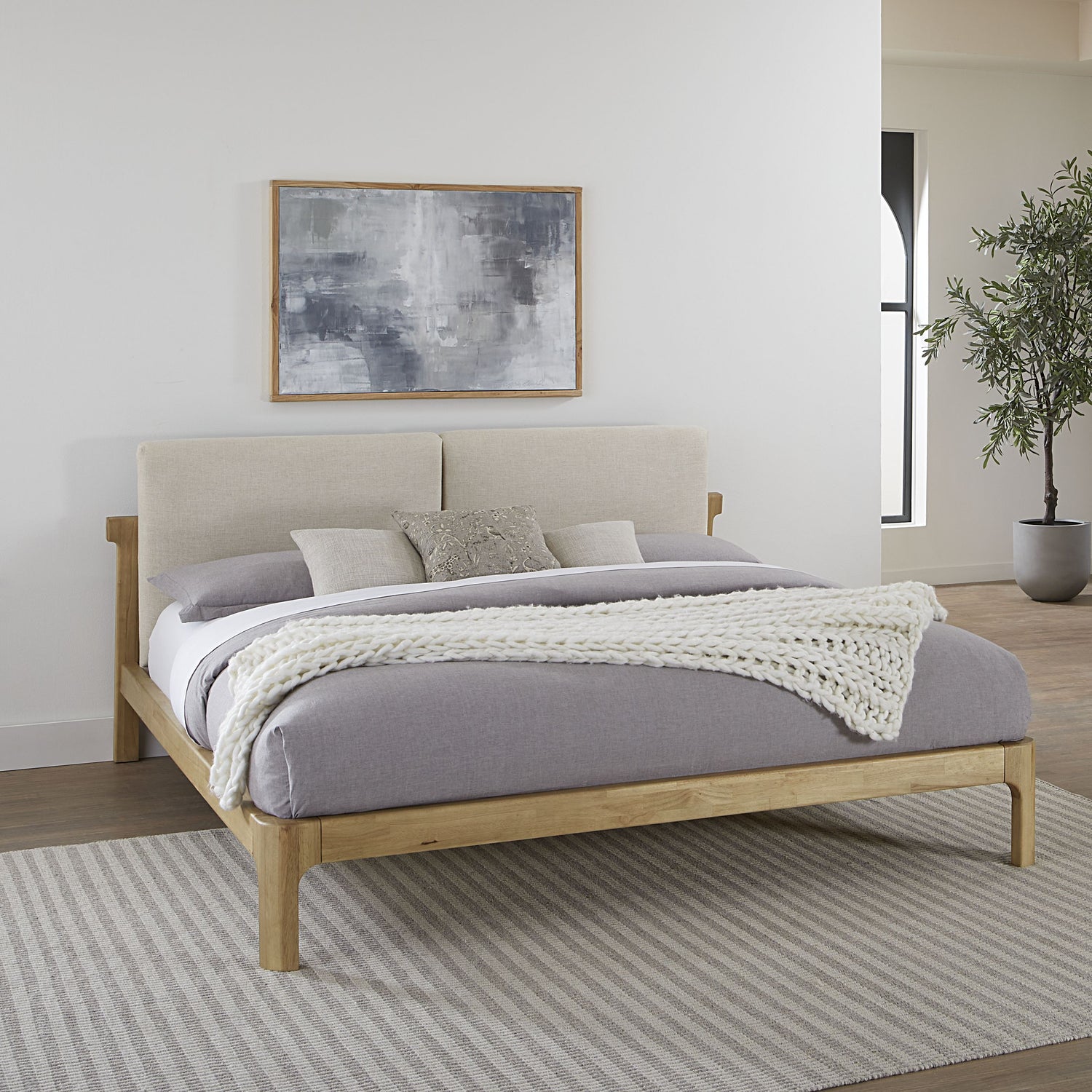 Furano Full-size Upholstered Two Cushion Platform Bed in Ginger and Natural Linen