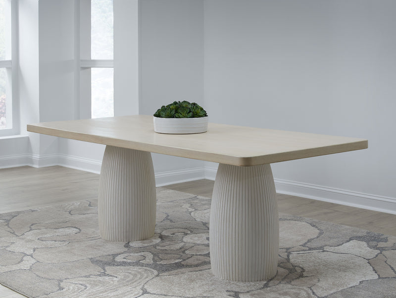 Zinnia Plaster Base Wood Top Dining Table in White Sand and Ivory